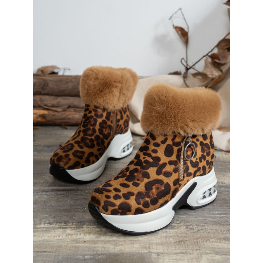 Side Zipper Leopard Platform Boots Apparel and Accessories