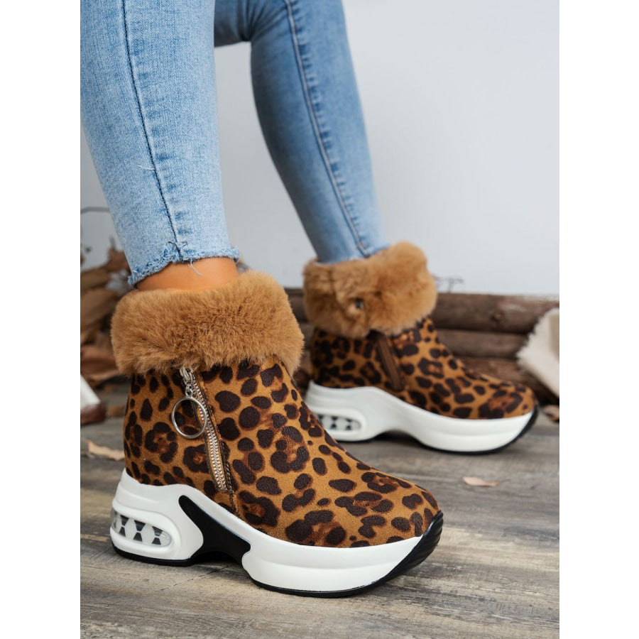 Side Zipper Leopard Platform Boots Apparel and Accessories