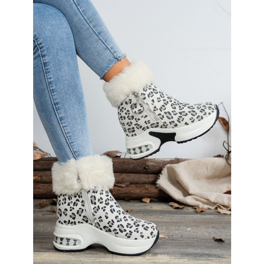 Side Zipper Leopard Platform Boots Apparel and Accessories