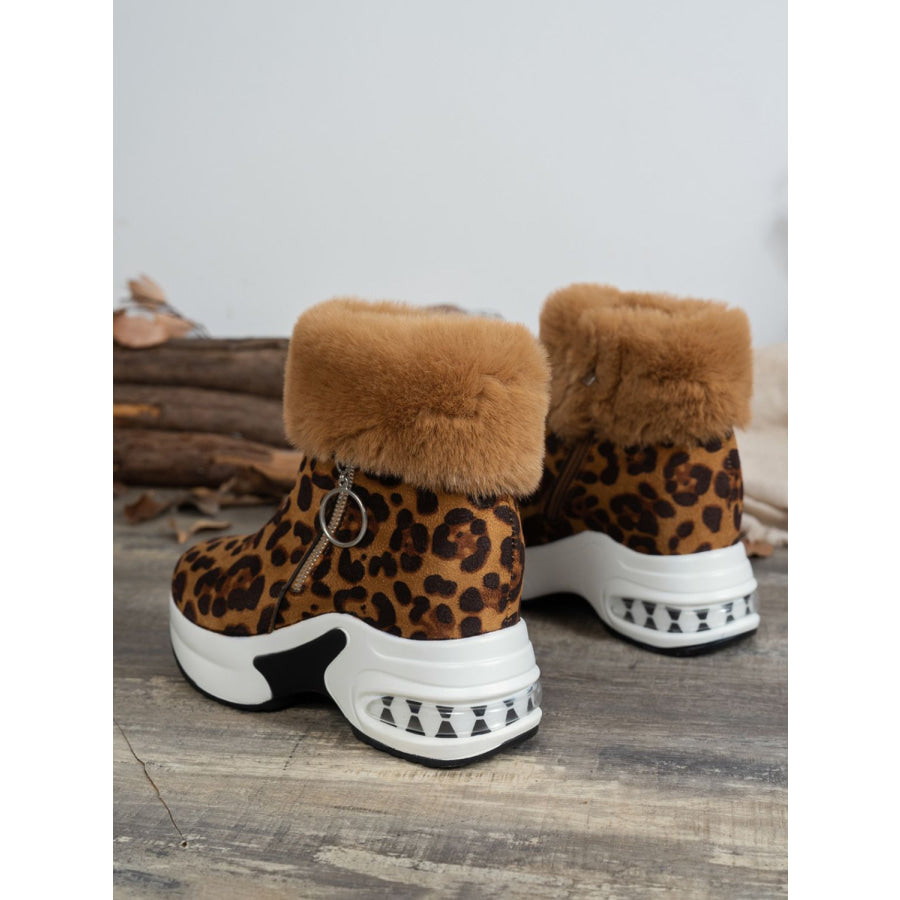 Side Zipper Leopard Platform Boots Apparel and Accessories