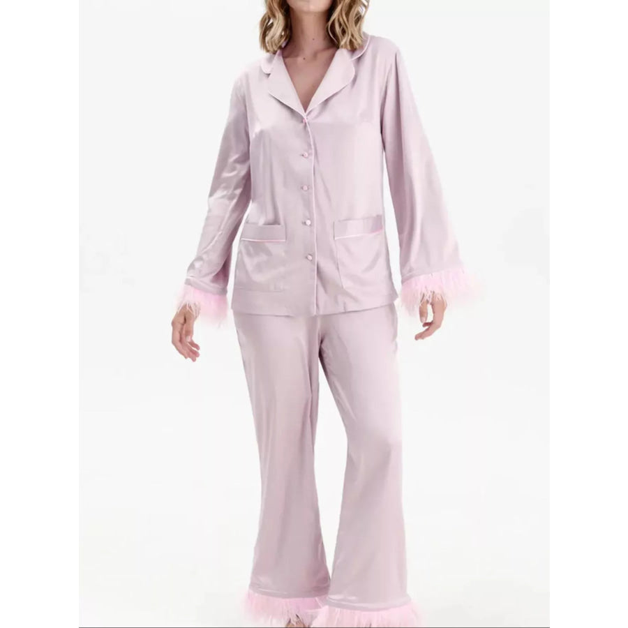 Silky Button Up Top and Pants Lounge Set Apparel and Accessories