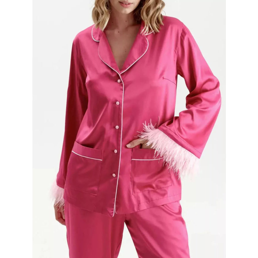 Silky Button Up Top and Pants Lounge Set Apparel and Accessories