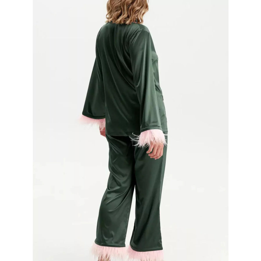 Silky Button Up Top and Pants Lounge Set Apparel and Accessories