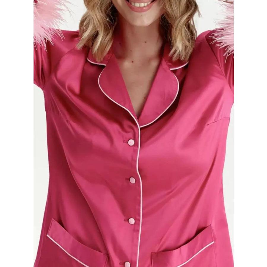 Silky Button Up Top and Pants Lounge Set Fuchsia Pink / S Apparel and Accessories