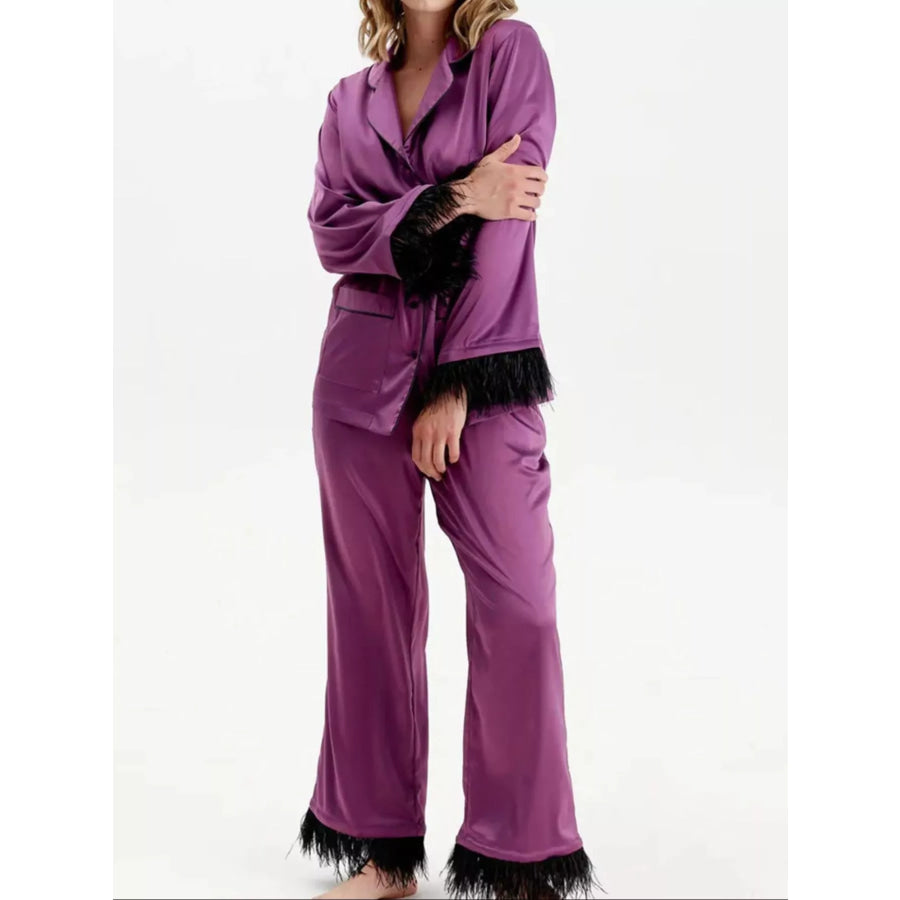 Silky Button Up Top and Pants Lounge Set Purple / S Apparel and Accessories