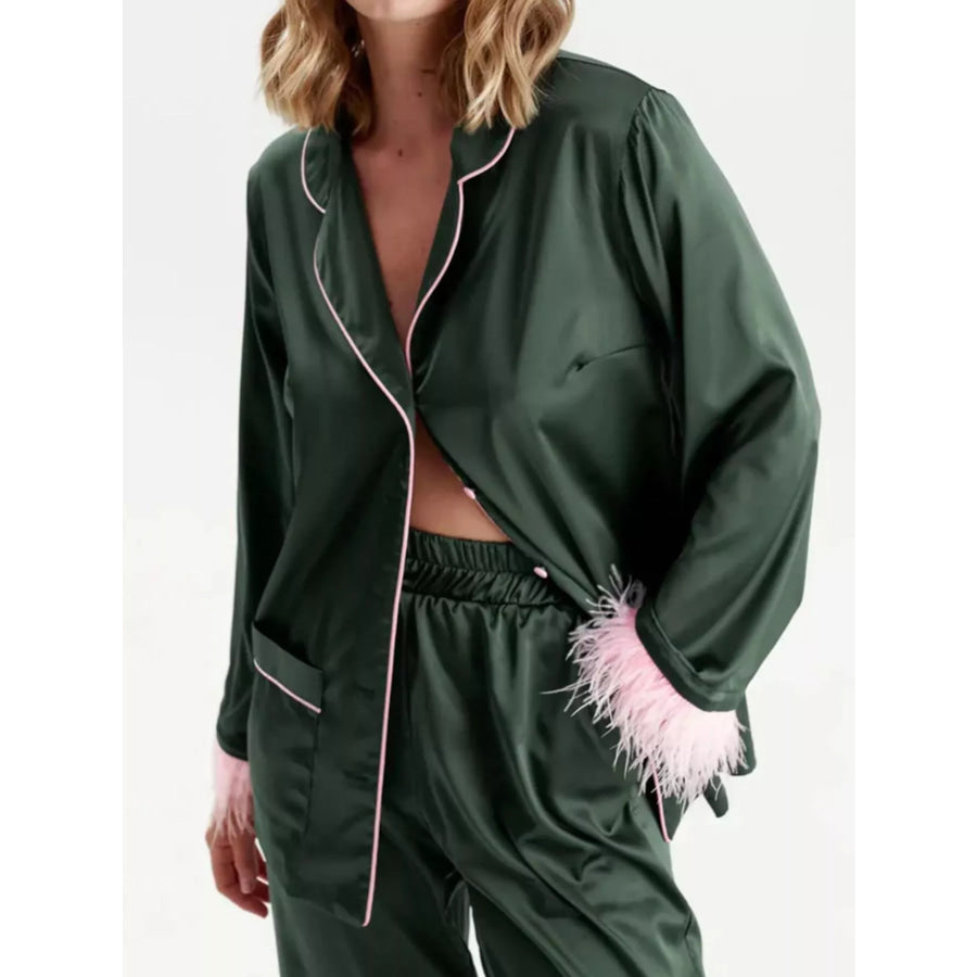 Silky Button Up Top and Pants Lounge Set Sage / S Apparel and Accessories