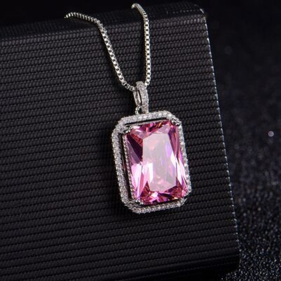 Silver - Plated Artificial Gemstone Rectangle Pendant Necklace Silver / One Size Apparel and Accessories
