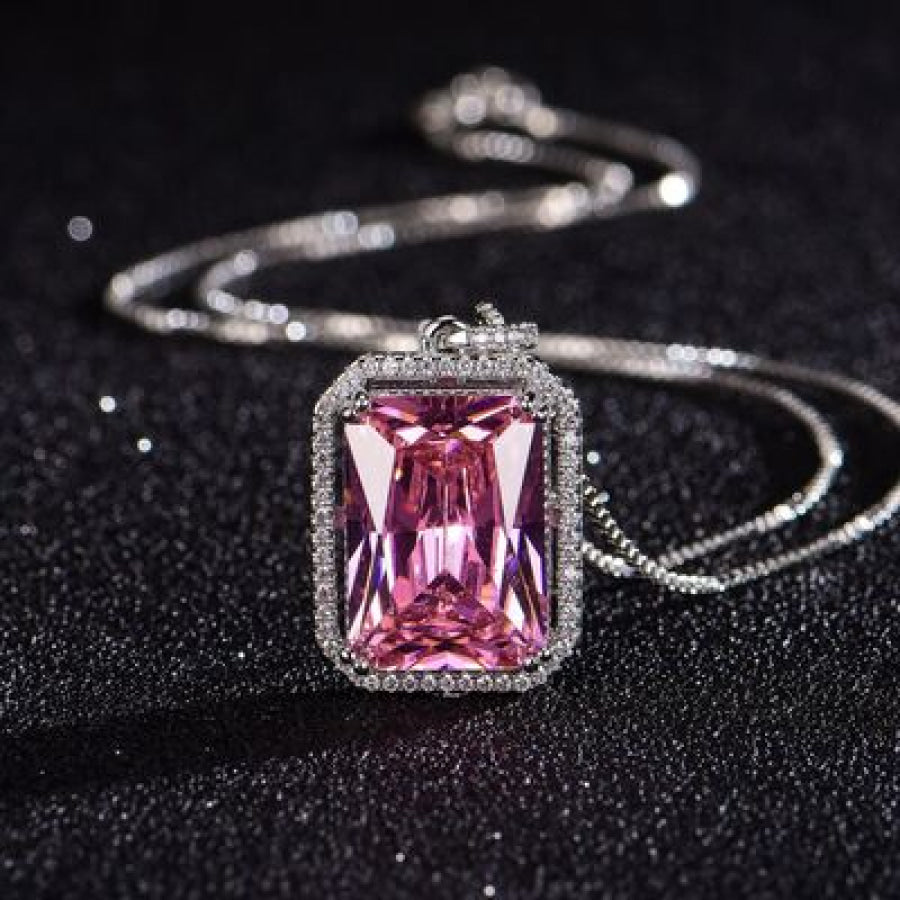 Silver - Plated Artificial Gemstone Rectangle Pendant Necklace Silver / One Size Apparel and Accessories