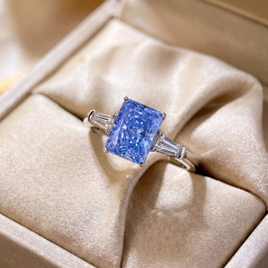 Silver-plated Rectangle Zircon Ring Blue / onesize Apparel and Accessories