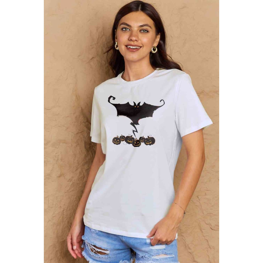 Simply Love Full Size Bat &amp; Pumpkin Graphic Cotton T-Shirt Bleach / S