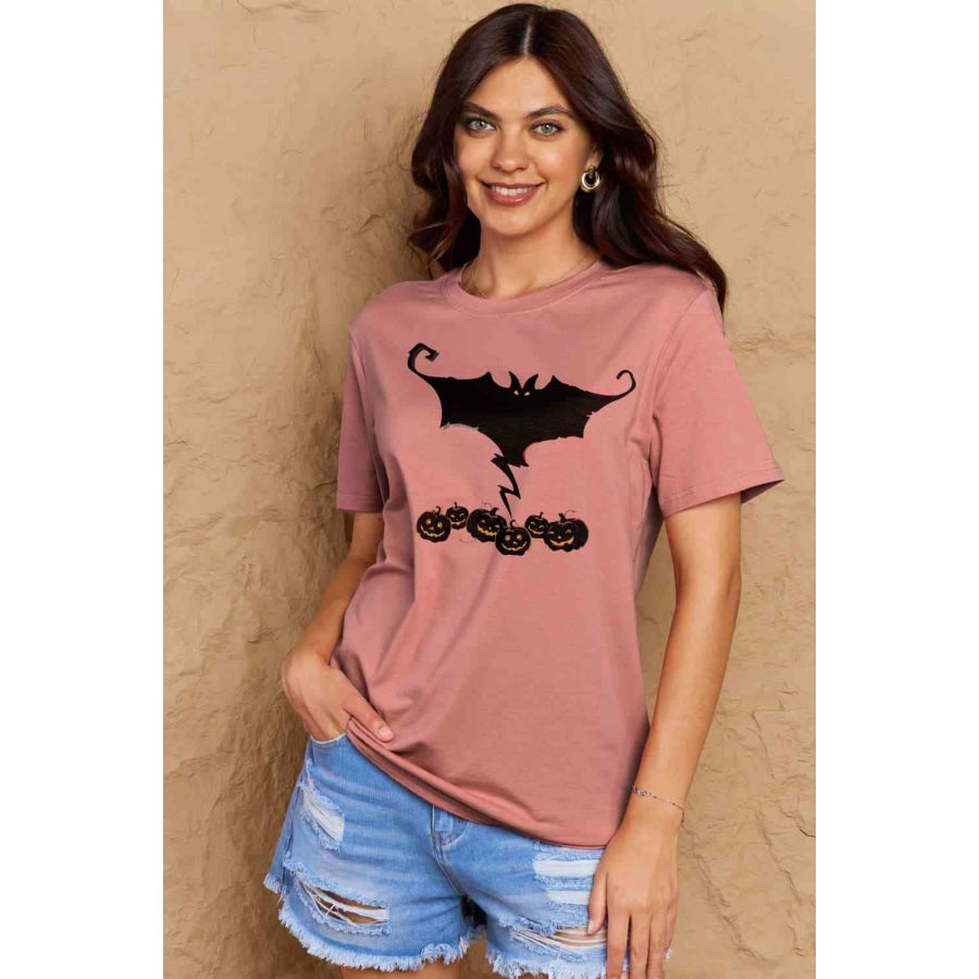 Simply Love Full Size Bat &amp; Pumpkin Graphic Cotton T-Shirt Dusty Pink / S