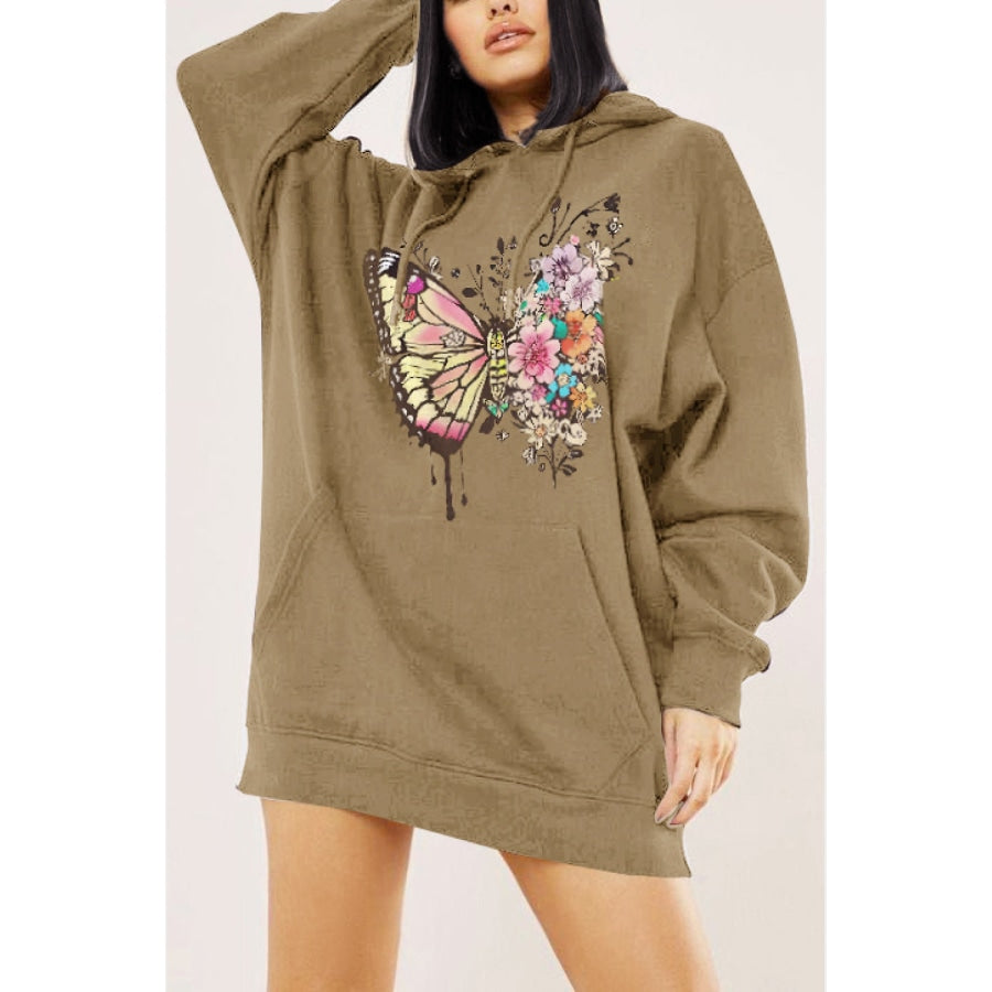 Simply Love Simply Love Full Size Butterfly Graphic Dropped Shoulder Hoodie Taupe / S