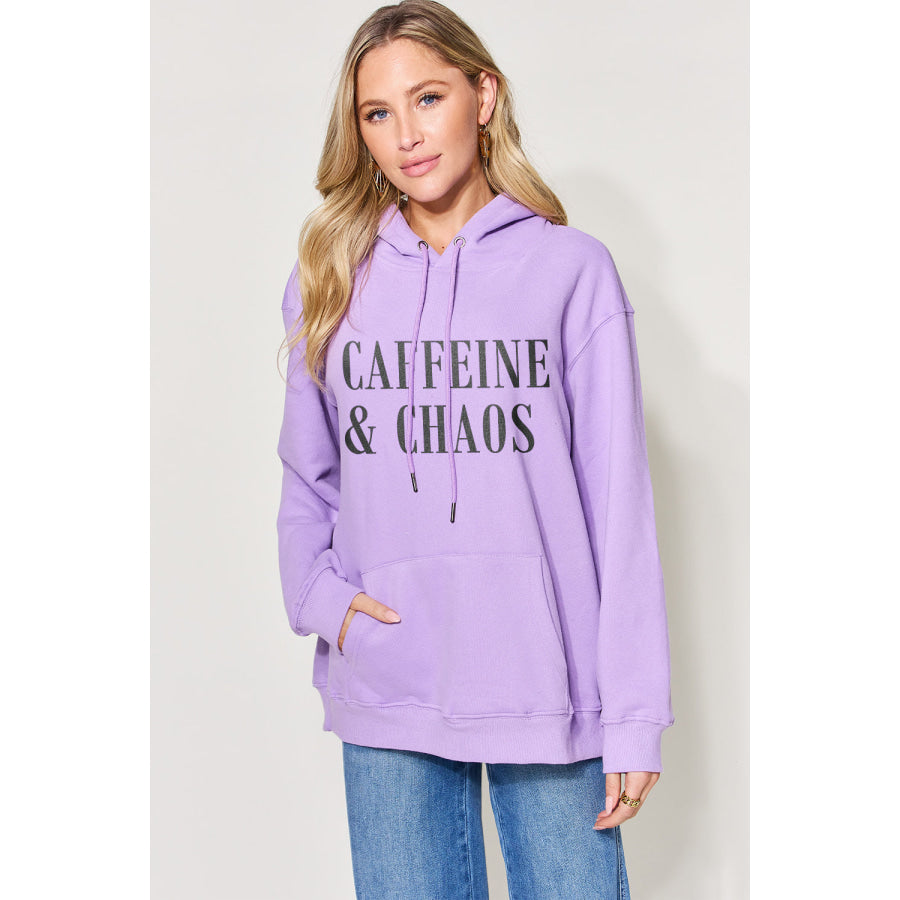 Simply Love Full Size CAFFEINE&CHAOS Graphic Drawstring Long Sleeve Hoodie Lavender / S Apparel and Accessories