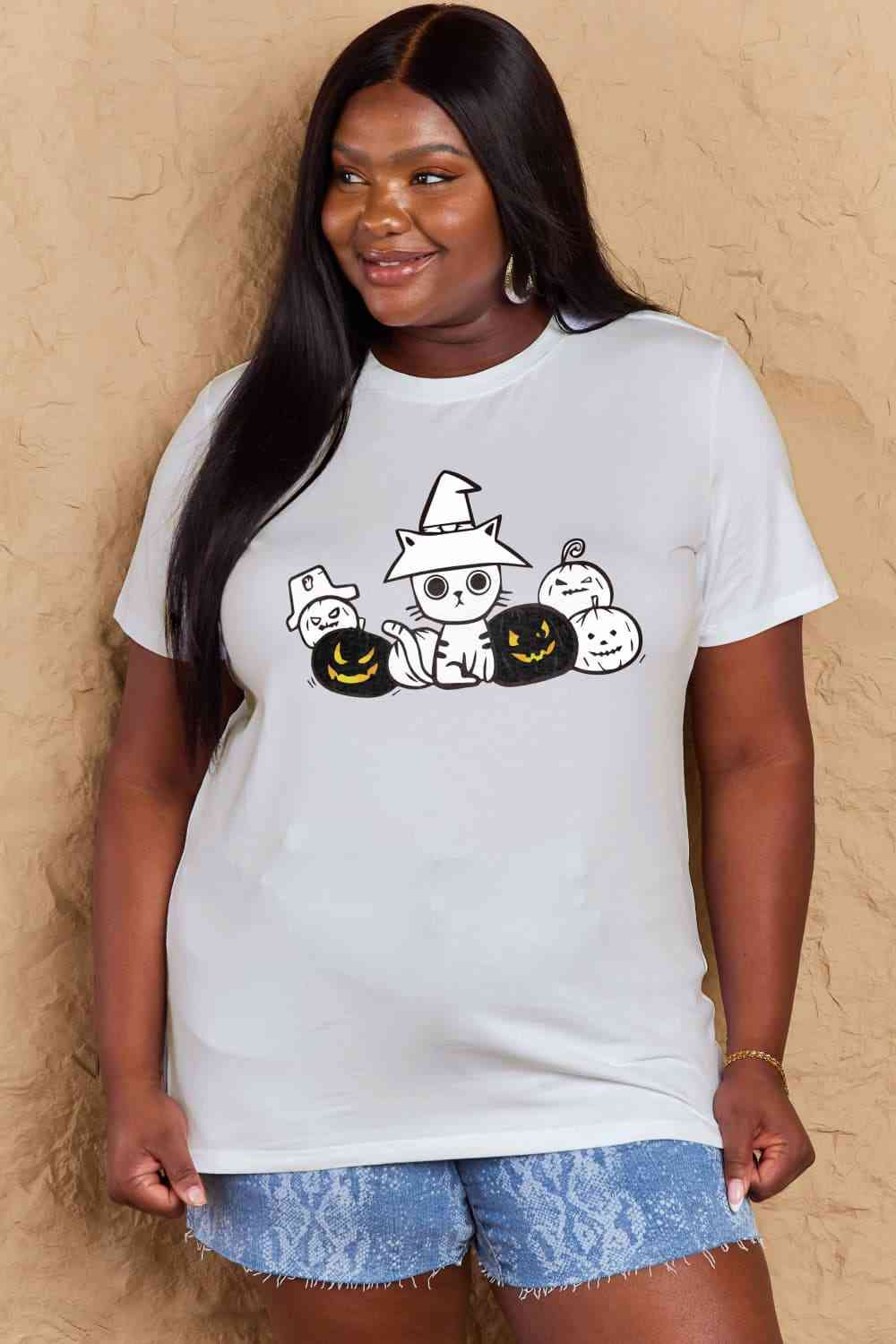 Simply Love Full Size Cat &amp; Pumpkin Graphic Cotton T-Shirt Apparel and Accessories