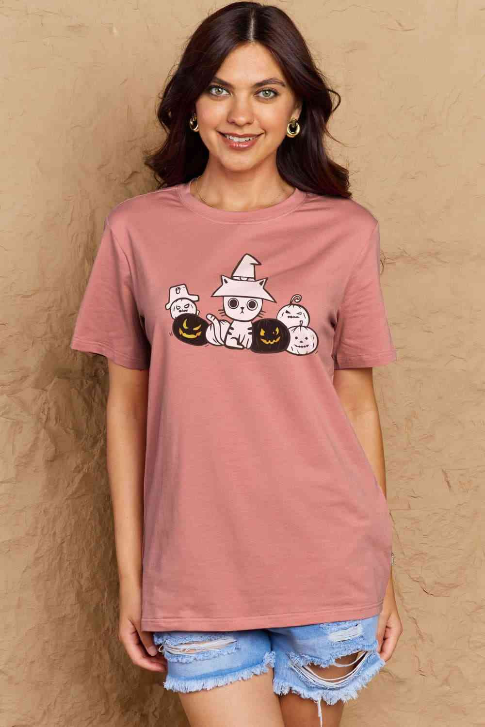 Simply Love Full Size Cat &amp; Pumpkin Graphic Cotton T-Shirt Apparel and Accessories