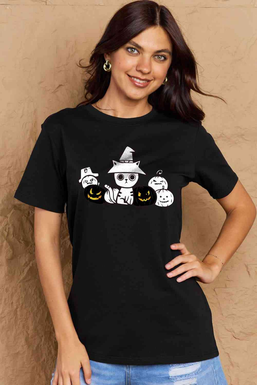Simply Love Full Size Cat &amp; Pumpkin Graphic Cotton T-Shirt Black / S Apparel and Accessories