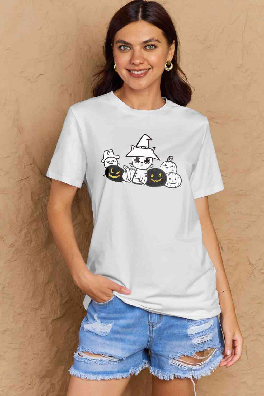 Simply Love Full Size Cat &amp; Pumpkin Graphic Cotton T-Shirt Bleach / S Apparel and Accessories
