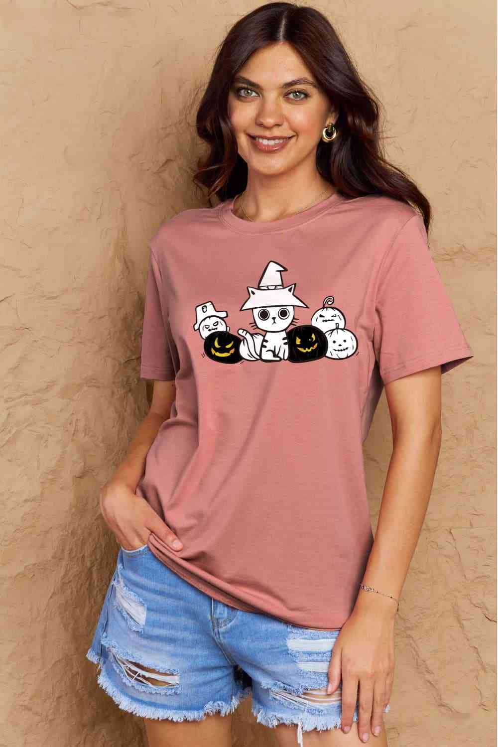 Simply Love Full Size Cat &amp; Pumpkin Graphic Cotton T-Shirt Dusty Pink / S Apparel and Accessories