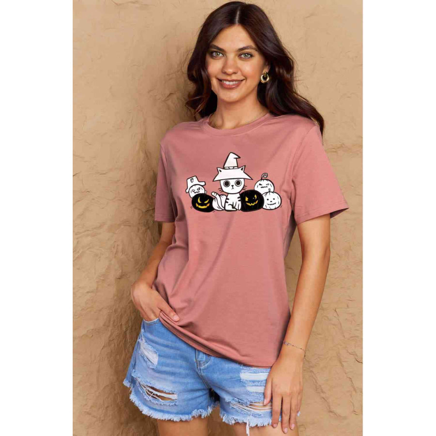 Simply Love Full Size Cat & Pumpkin Graphic Cotton T-Shirt Dusty Pink / S Apparel and Accessories
