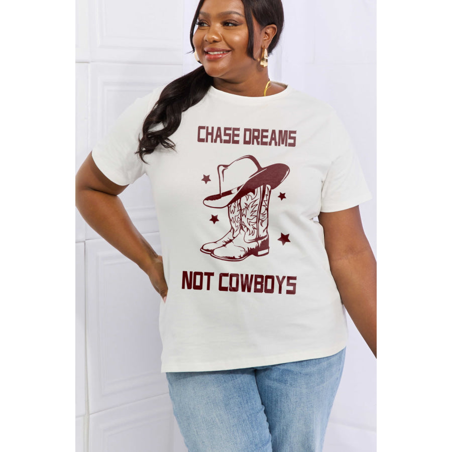 Simply Love Simply Love Full Size CHASE DREAMS NOT COWBOYS Graphic Cotton Tee Bleach / S Apparel and Accessories
