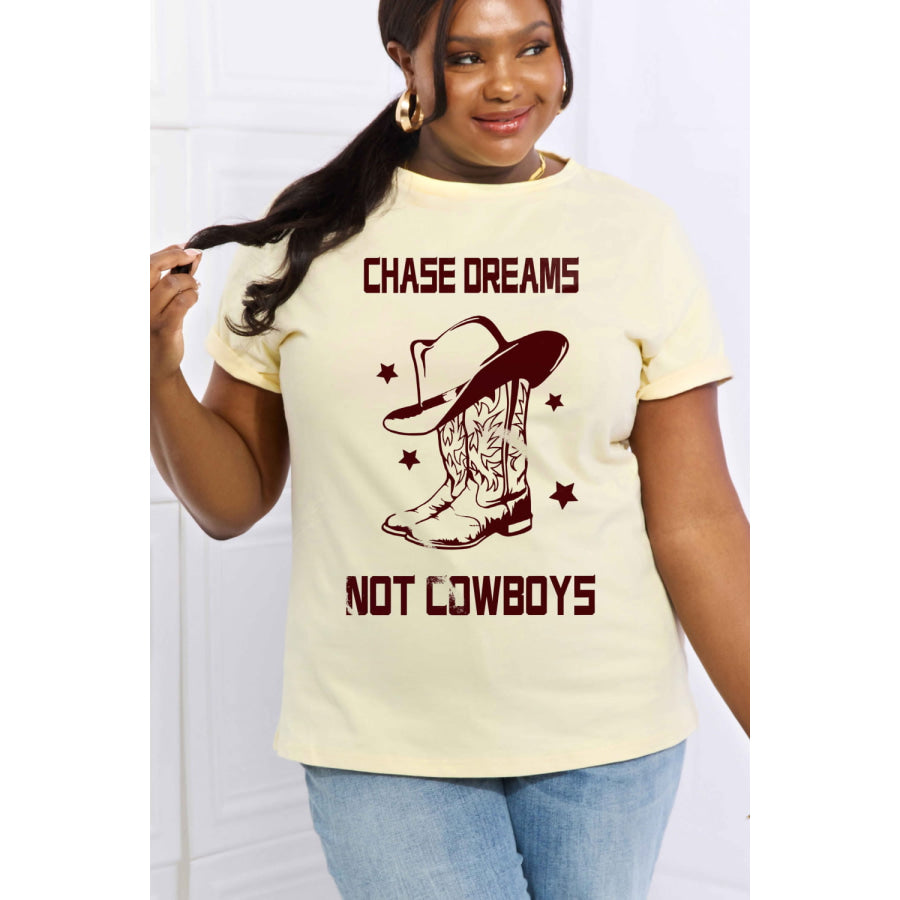 Simply Love Simply Love Full Size CHASE DREAMS NOT COWBOYS Graphic Cotton Tee Ivory / S Apparel and Accessories