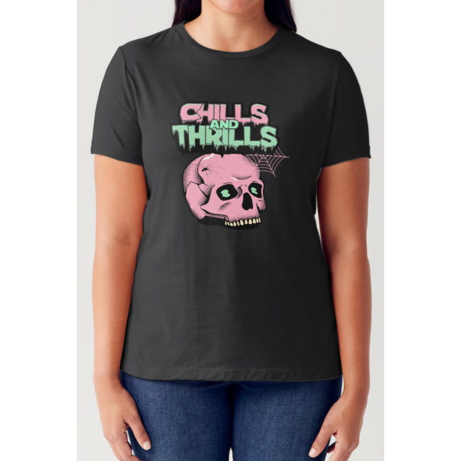 Simply Love Full Size CHILLS AND THRILLS Short Sleeve Tubular T-Shirt Black / S Apparel and Accessories