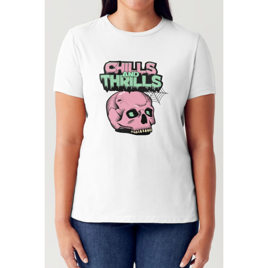 Simply Love Full Size CHILLS AND THRILLS Short Sleeve Tubular T-Shirt White / S Apparel and Accessories