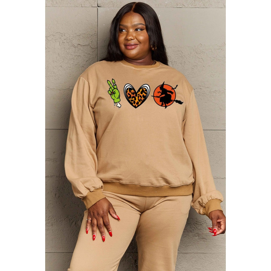 Simply Love Full Size Drop Shoulder Graphic Sweatshirt Tan / S