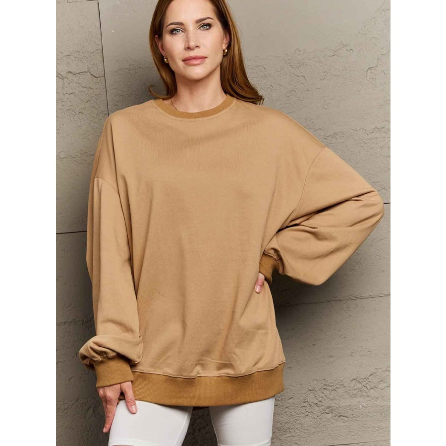 Simply Love Full Size Dropped Shoulder Sweatshirt Camel / S