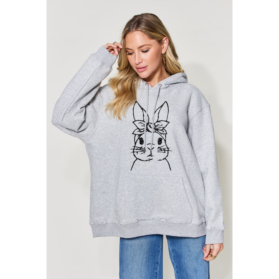 Simply Love Full Size Easter Bunny Graphic Drawstring Long Sleeve Hoodie Light Gray / S Apparel and Accessories
