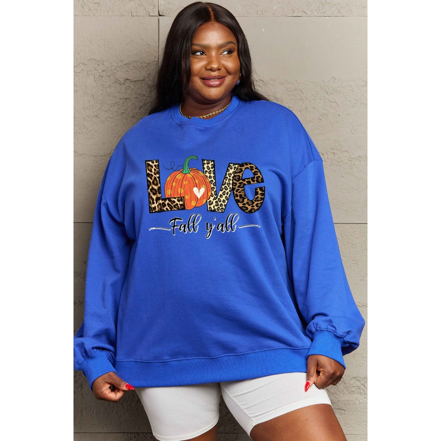 Simply Love Full Size LOVE FALL Y’ALL Graphic Sweatshirt Royal Blue / S