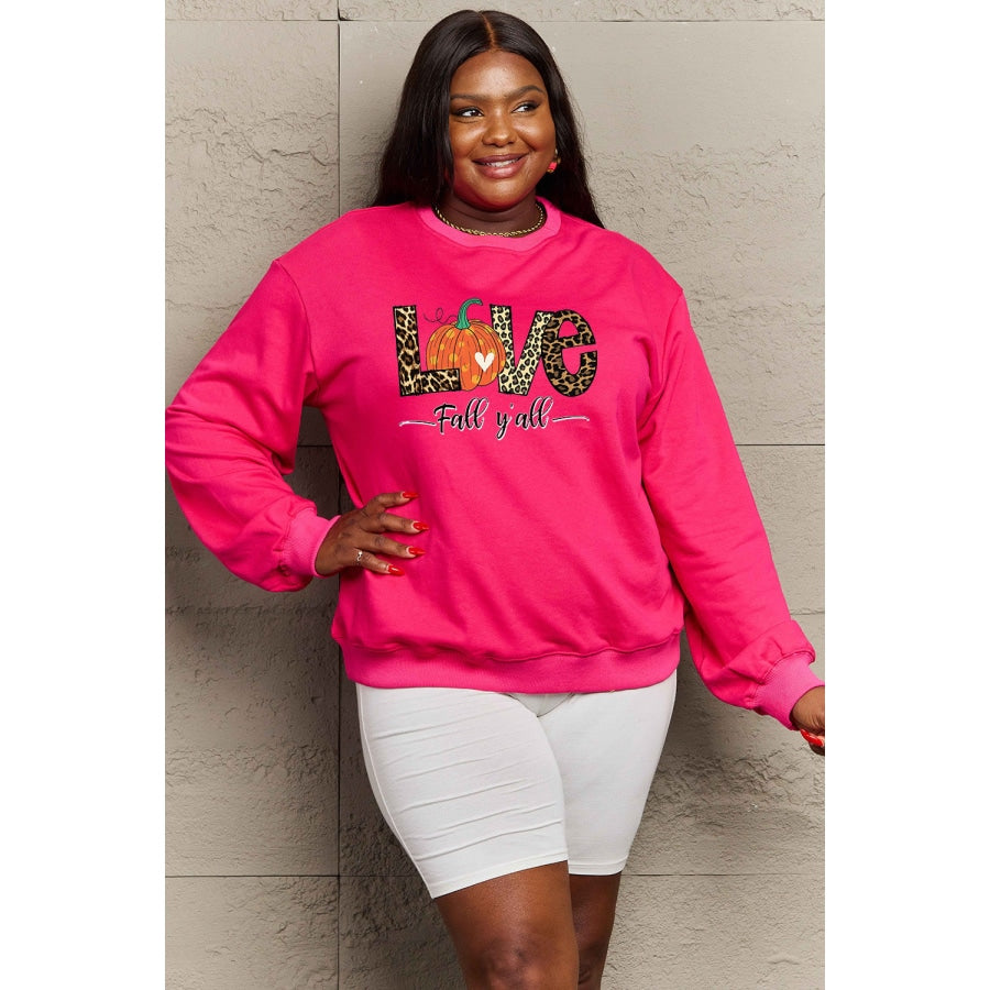 Simply Love Full Size LOVE FALL Y’ALL Graphic Sweatshirt Strawberry / S