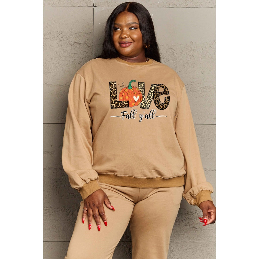 Simply Love Full Size LOVE FALL Y’ALL Graphic Sweatshirt Tan / S