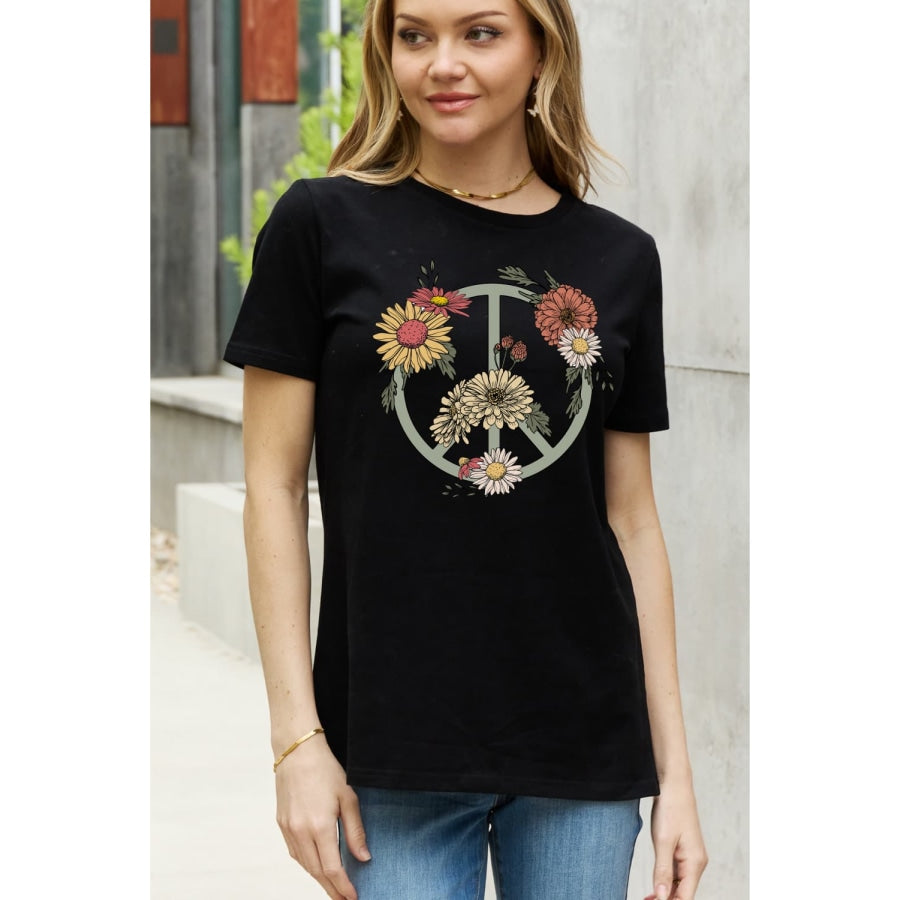 Simply Love Full Size Flower Graphic Cotton Tee Black / S