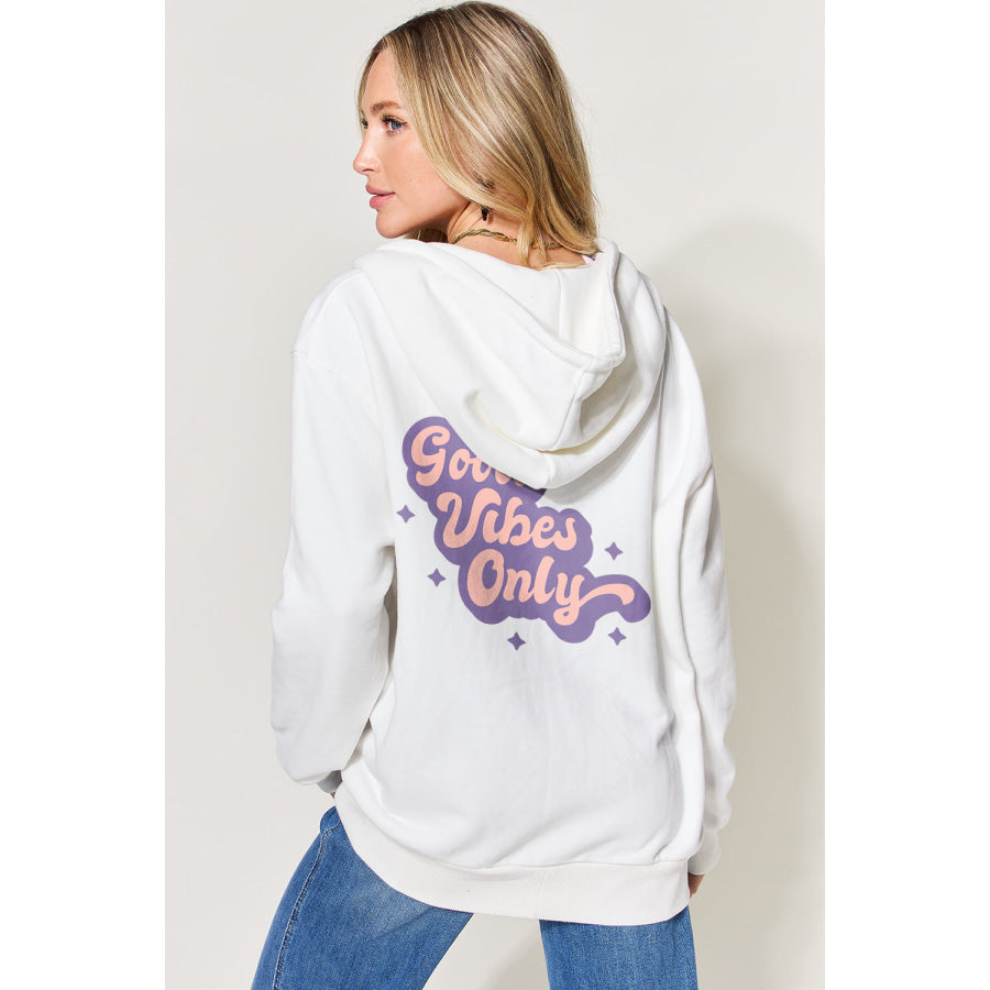 Simply Love Full Size GOOD VIBES ONLY Graphic Zip - Up Hoodie with Pockets White / S Apparel and Accessories