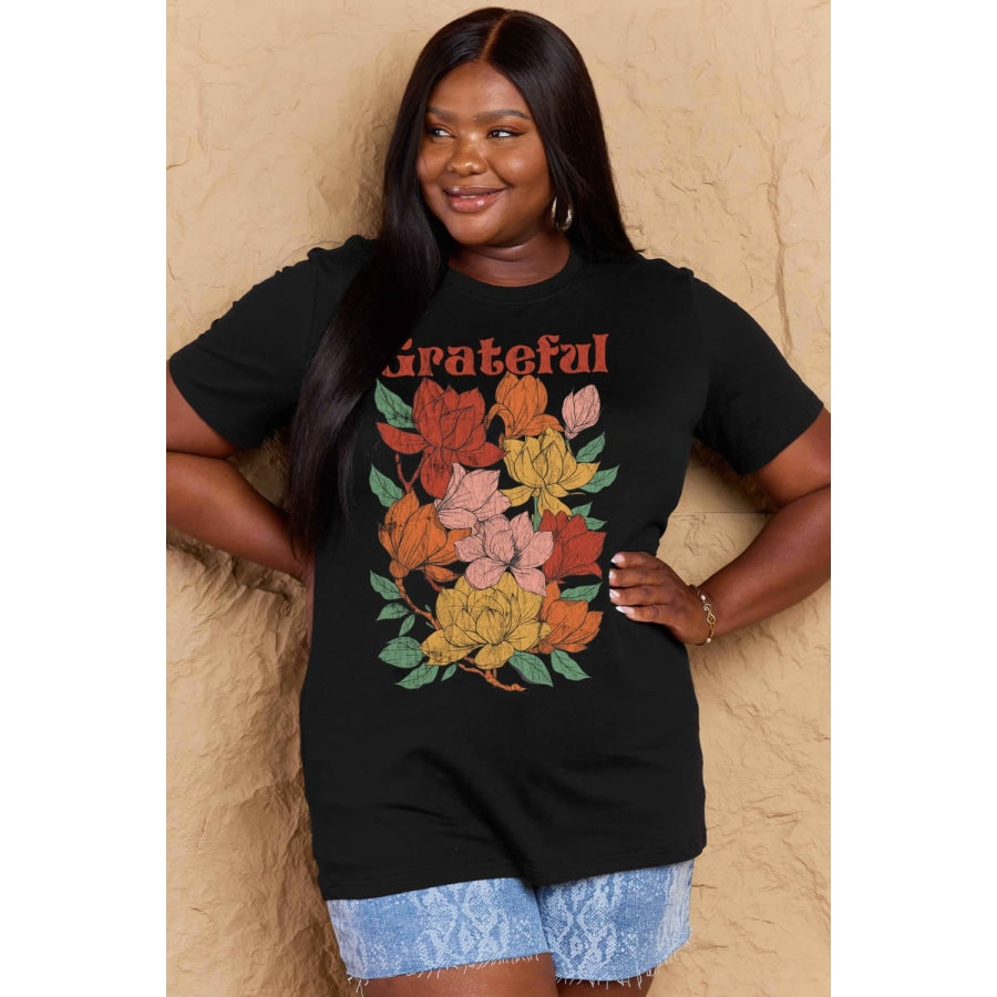 Simply Love Full Size GRATEFUL Flower Graphic Cotton T-Shirt Black / S