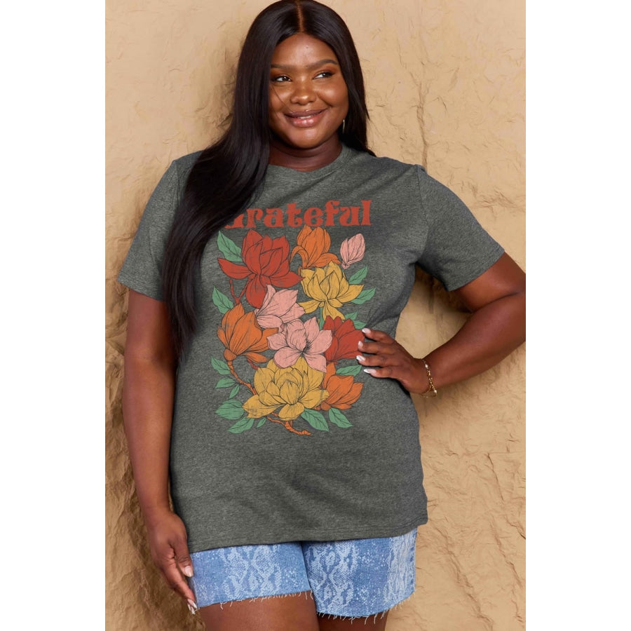 Simply Love Full Size GRATEFUL Flower Graphic Cotton T-Shirt Charcoal / S