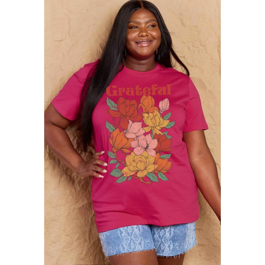 Simply Love Full Size GRATEFUL Flower Graphic Cotton T-Shirt Deep Rose / S