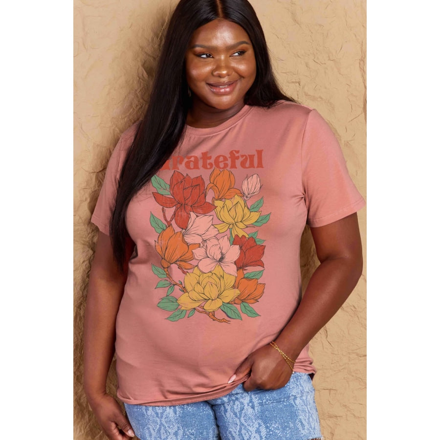 Simply Love Full Size GRATEFUL Flower Graphic Cotton T-Shirt Dusty Pink / S