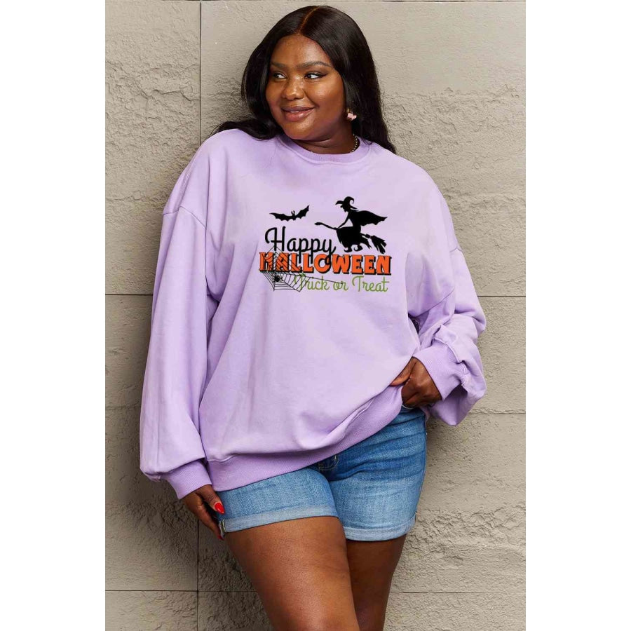 Simply Love Full Size HAPPY HALLOWEEN TRICK OR TREAT Graphic Sweatshirt Lavender / S