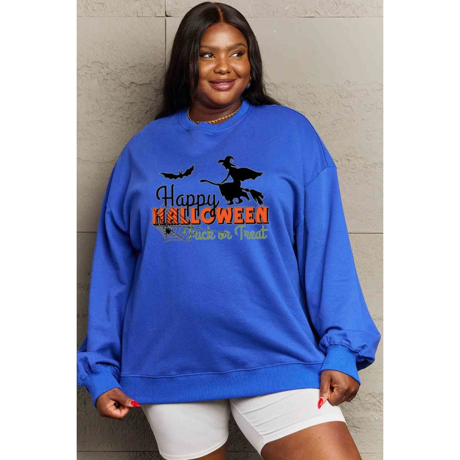 Simply Love Full Size HAPPY HALLOWEEN TRICK OR TREAT Graphic Sweatshirt Royal Blue / S