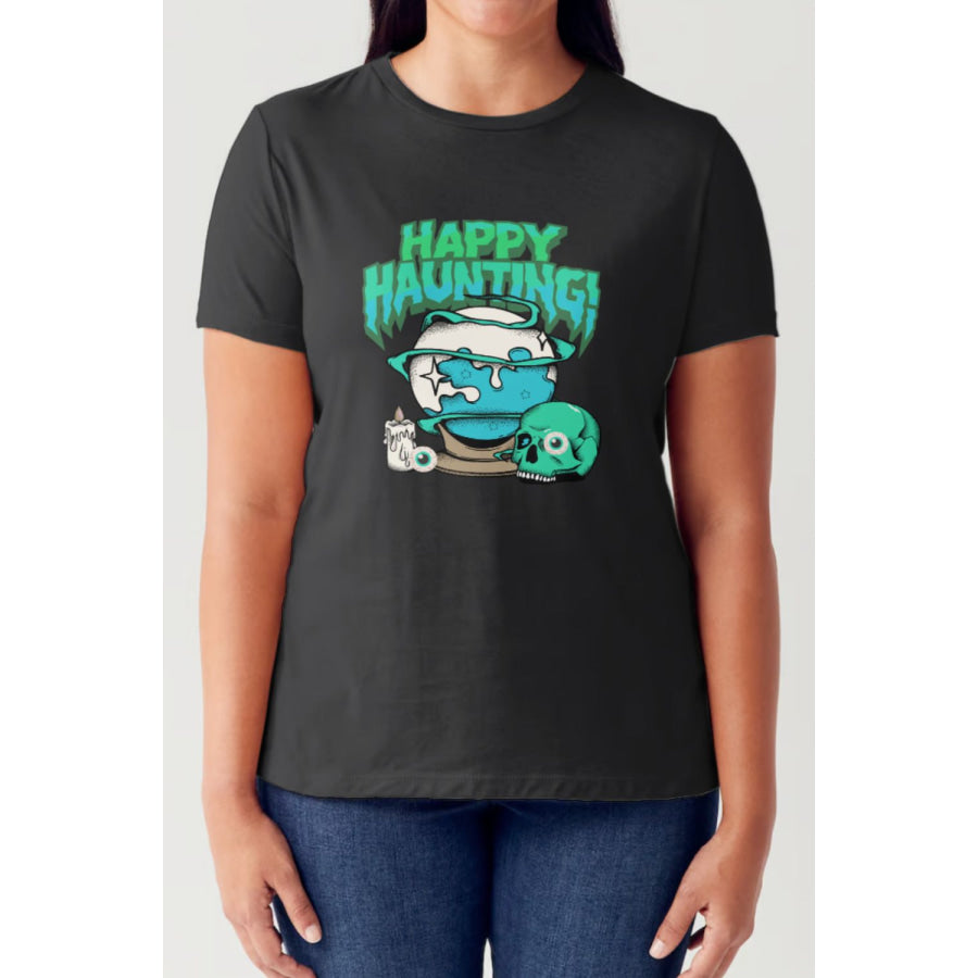 Simply Love Full Size HAPPY HAUNTING Short Sleeve Tubular T-Shirt Black / S Apparel and Accessories