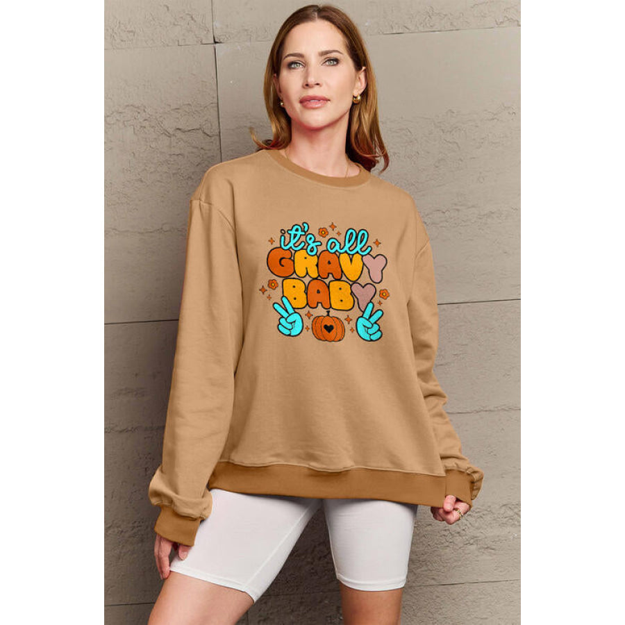Simply Love Full Size IT’S ALL GRAVY BABY Long Sleeve Sweatshirt Camel / S Women’s Fashion Clothing