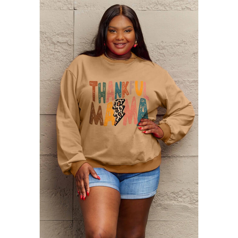 Simply Love Full Size Letter Graphic Long Sleeve Sweatshirt Camel / S