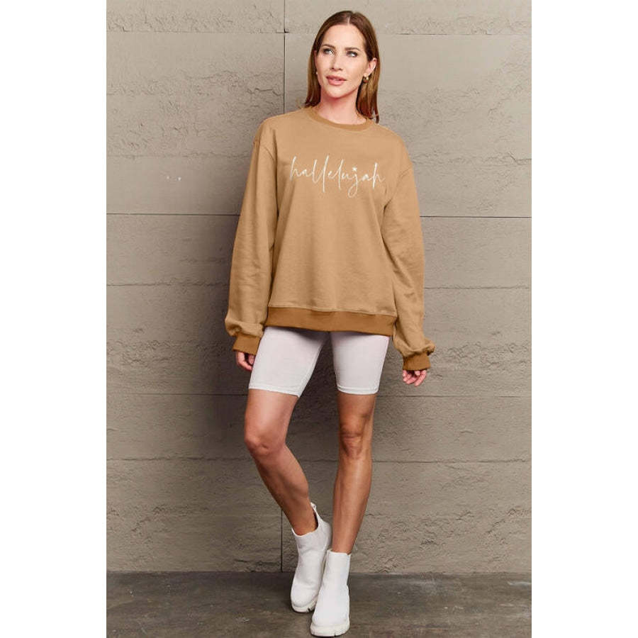 Simply Love Full Size Letter Graphic Long Sleeve Sweatshirt Camel / S Women’s Fashion Clothing