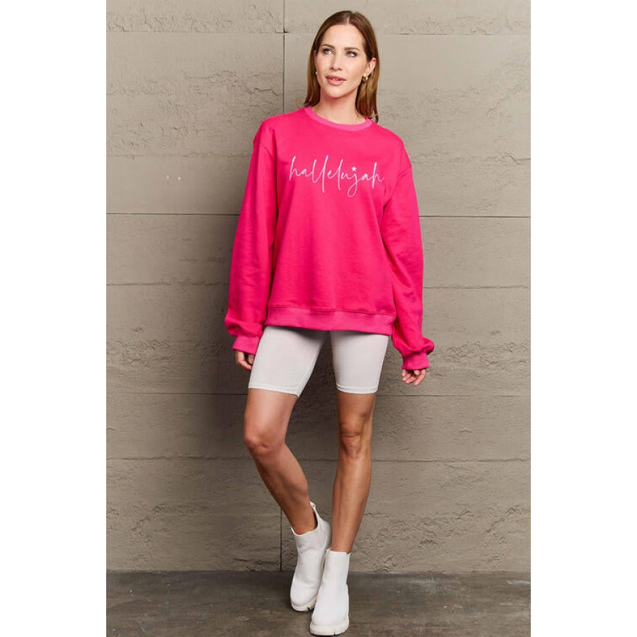 Simply Love Full Size Letter Graphic Long Sleeve Sweatshirt Deep Rose / S Women’s Fashion Clothing