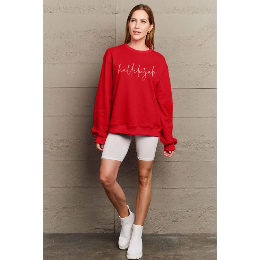 Simply Love Full Size Letter Graphic Long Sleeve Sweatshirt Scarlet / S Women’s Fashion Clothing