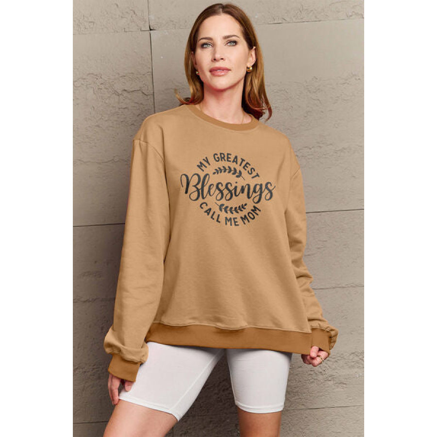 Simply Love Full Size MY GREATEST BLESSINGS CALL ME MOM Round Neck Sweatshirt Camel / S Clothing