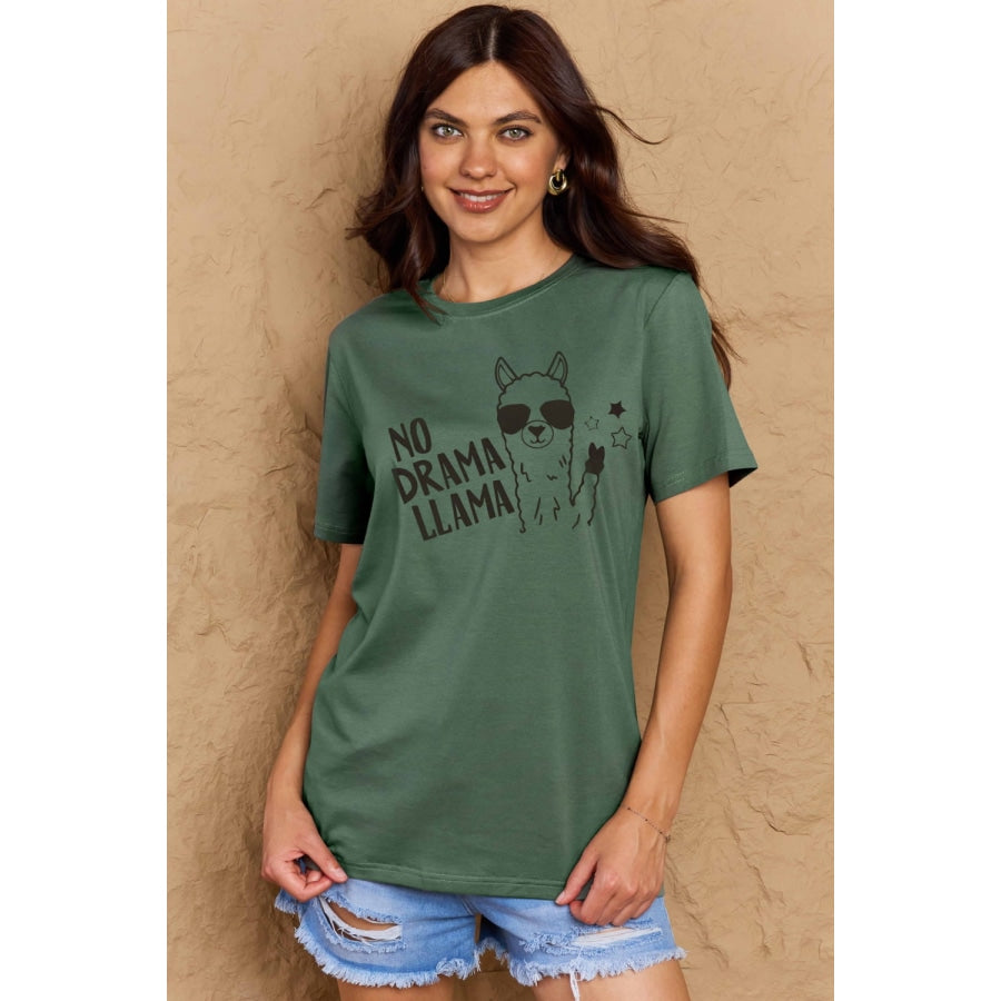 Simply Love Full Size NO DRAMA LLAMA Graphic Cotton Tee Green / S