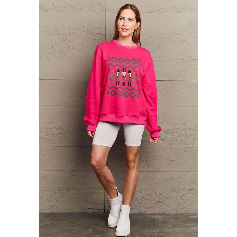 Simply Love Full Size Nutcracker Graphic Long Sleeve Sweatshirt Deep Rose / S Women’s Fashion Clothing